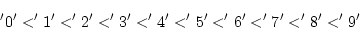 \begin{displaymath}
'0' < '1' < '2' < '3' < '4' < '5' < '6' < '7' < '8' < '9'
\end{displaymath}